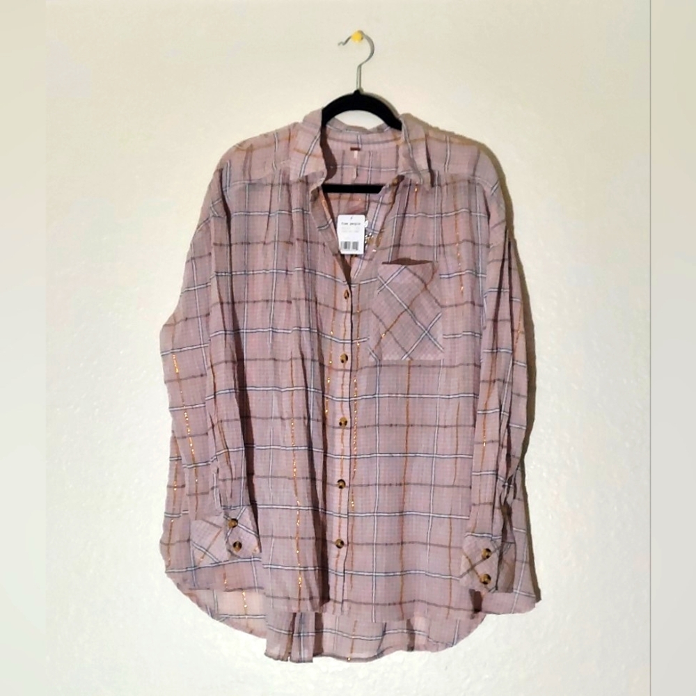 Free People Light Purple & White Plaid Cotton Button Up Shirt WM Size M NWT